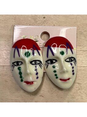 Vintage KMQ Mime Mask Face Stud Earrings Painted Red & Green